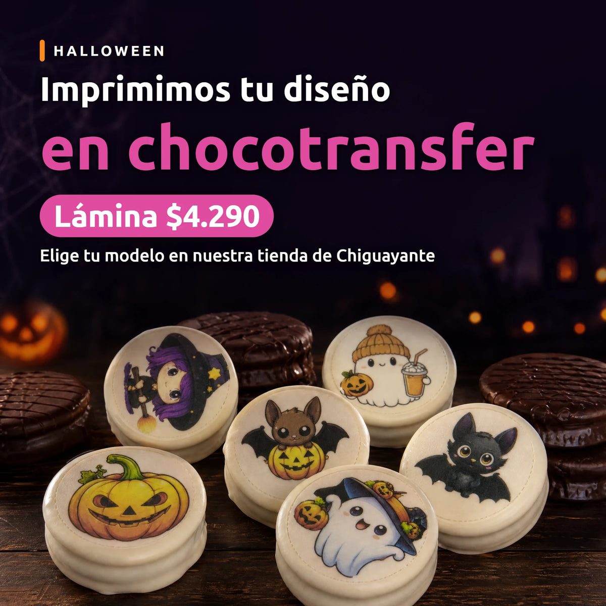 Impresión en chocotransfer con diseños de Halloween, lámina $4.290