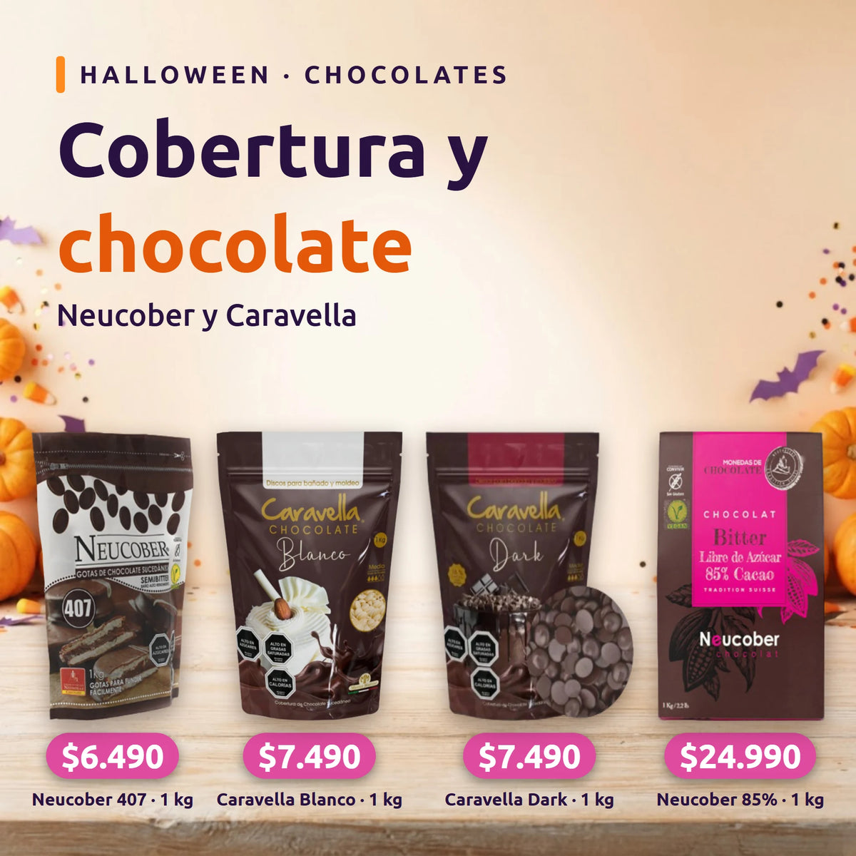 Cobertura y chocolate Neucober y Caravella con precios