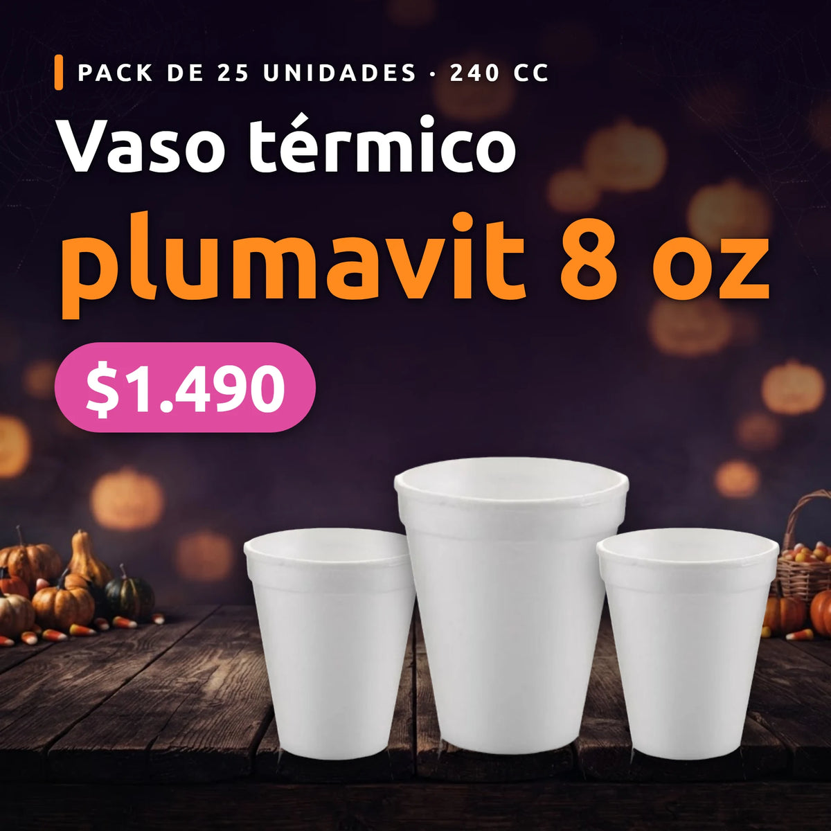 Vaso térmico plumavit 8 oz, pack de 25 unidades, $1.490