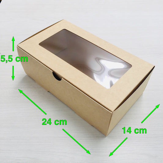Caja Kraft Rectangular con VENTANA 1800cc 24x14x5.5cm